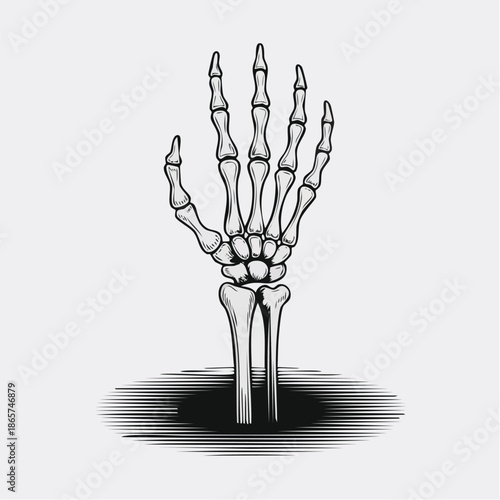Skeleton hand rising from shadowed ground illustration.