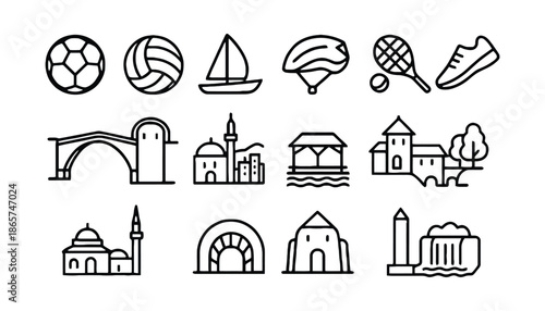 A collection of icons representing Croatian sports and Bosnian landmarks in silhouette