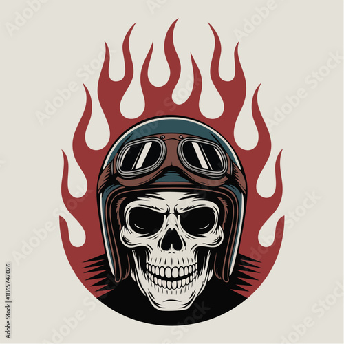 Skull in motorcycle helmet with flames illustration.