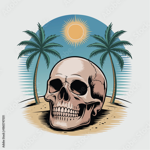 Skull on Beach Scene With Palm Trees And Sun.