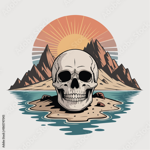 Skull on Island Resting Amid Mountain and Sunset.
