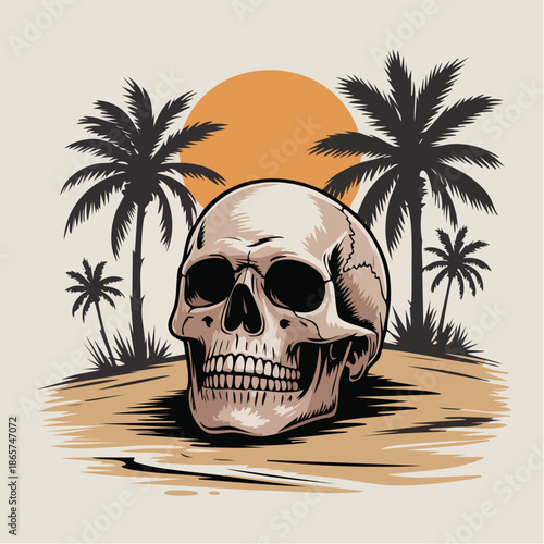 Skull On Tropical Beach With Palm Trees And Sun.