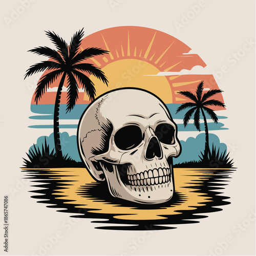 Skull Portrait On Beach At Sunset.