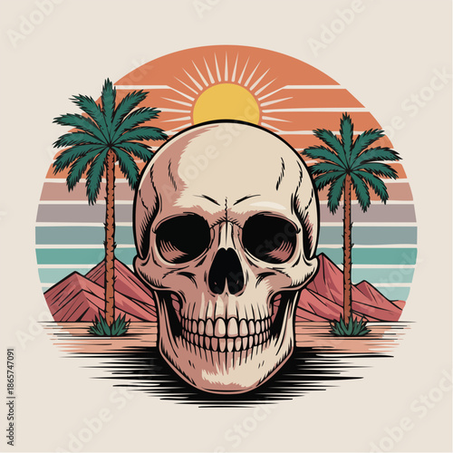 Skull Portrait with Sunset and Palm Trees.