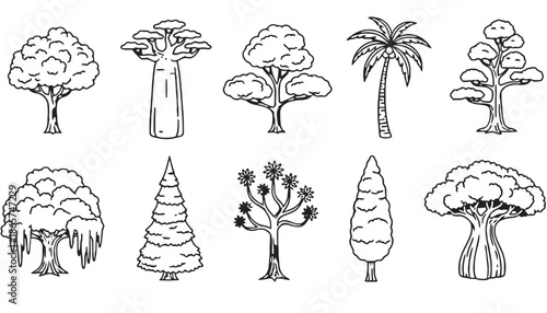 A collection of various tree silhouettes on a white background silhouette