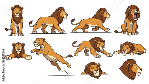 Cartoon lion character set with various poses like running, jumping, roaring, and sleeping. Great for kids' illustrations, stickers, and educational materials.