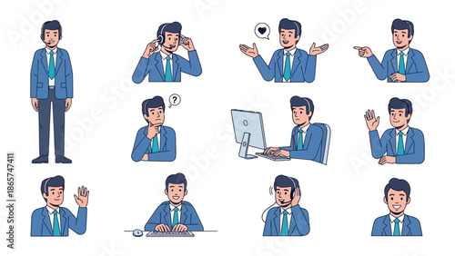 Professional Male Call Center Agent Character Set with Various Poses and Expressions like Talking on Headset, Working on Desktop Computer and Waving, Vector Art.