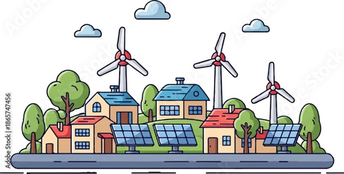 A cartoon cityscape with houses, solar panels, and wind turbines under a cloudy sky