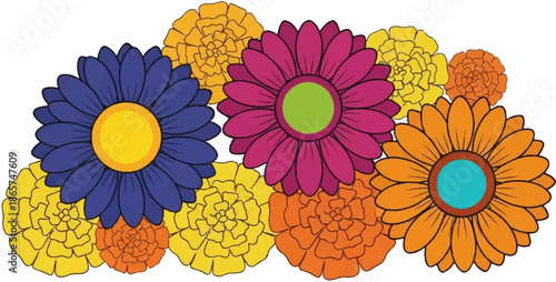 Colorful, flat design floral arrangement with distinct petals and centers