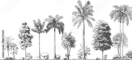 Line of diverse palm trees and leafy trees with detailed foliage tropical