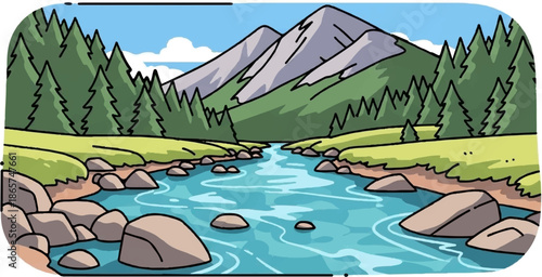 Serene mountain stream flows through pine forest, surrounded by rocks and green hills