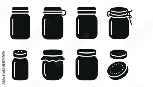 A set of black and white icons of various jar and bottle silhouettes silhouette