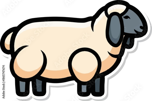 A cartoon sheep stands facing right, with its eyes closed and a contented smile