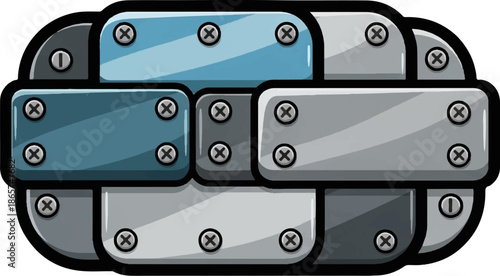 Overlapping metallic plates, riveted together with visible screws