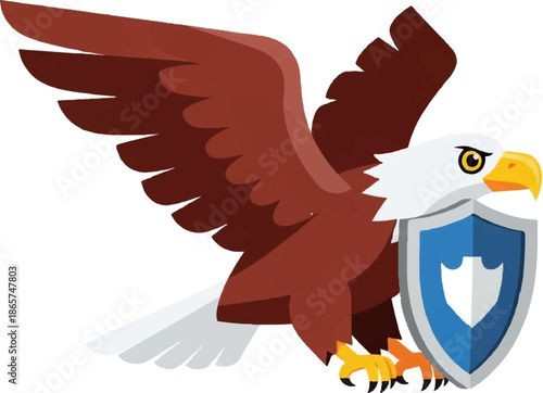 A stylized eagle with spread wings clutches a blue shield