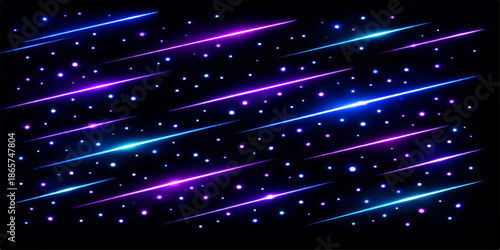 Bright abstract blue background with glowing stars and particles of light in a dark night sky space galaxy universe