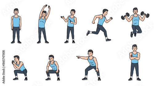 Fitness Character Set with Man Exercising Stretching Running Lifting Weights and Squatting in Flat Vector Style for Healthy Lifestyle and Gym Workout Graphics.