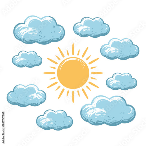 A bright yellow sun surrounded by numerous fluffy blue clouds on a clear sky