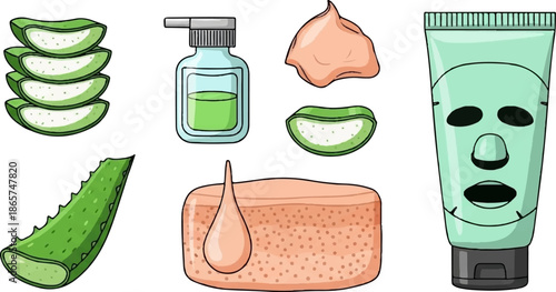 Aloe vera products slices, dispenser, mask, and skin treatment