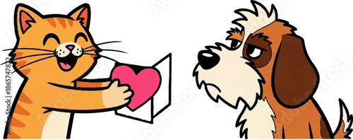 A joyful cat offers a heart to a sad dog