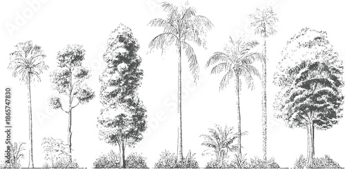 Collection of diverse trees and tropical palms rendered in a detailed ink style