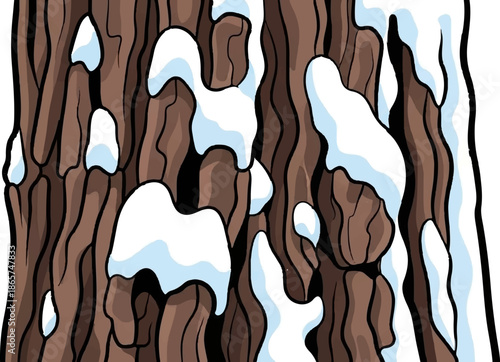 Textured bark on a tree covered in patches of snow in winter