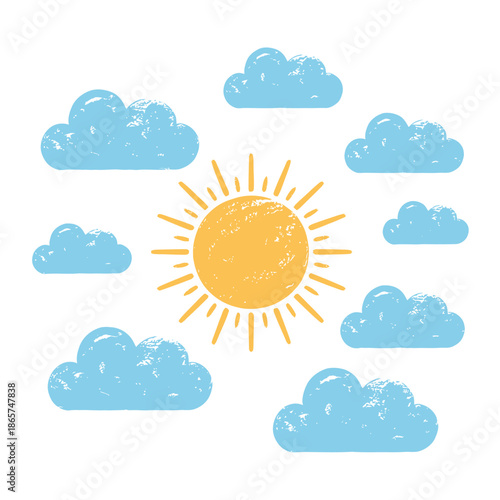 Bright yellow sun shines warmly amidst a scattering of soft blue clouds in a cheerful sky