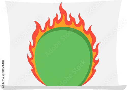 A vibrant green circle engulfed in stylized red and orange flames against a white background