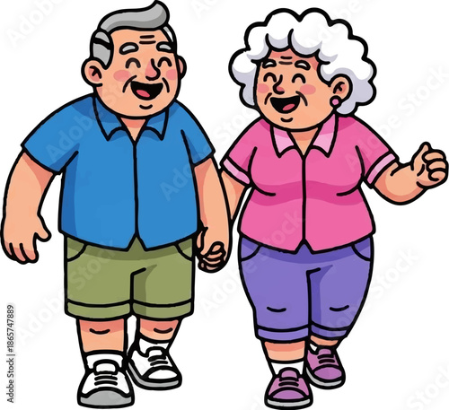Two smiling elderly people, a man and a woman, holding hands while walking together happily