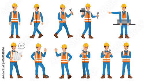 Professional Construction Worker Character Set in Flat Vector Style Featuring Diverse Poses with Safety Helmets, Vests, Tools, and Blueprints on White Background.