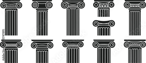Collection of Black Ionic and Corinthian Column Capitals and Shafts greek