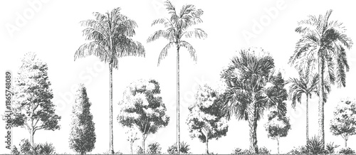 Collection of hand drawn tropical and deciduous trees and foliage palm nature