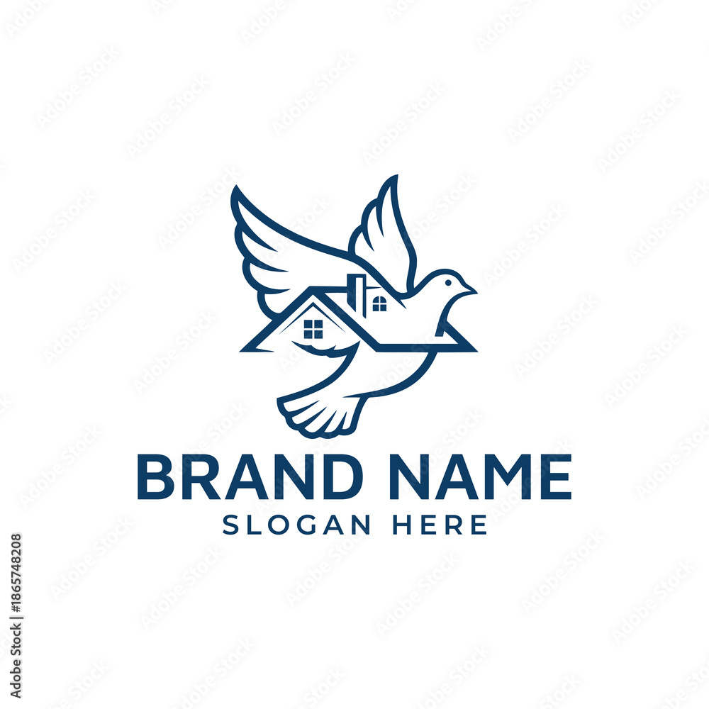 Fototapeta premium Dove flying with house logo for real estate brand identity