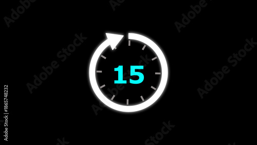 illustration timer icon with 15 min. timer 15 minutes countdown icon. motion graphic arrow Clock 15 minute icon, white background 4k illustration 