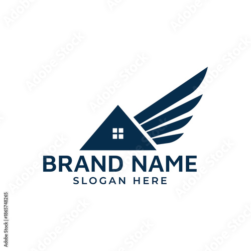 Modern real estate logo with winged house design and brand name
