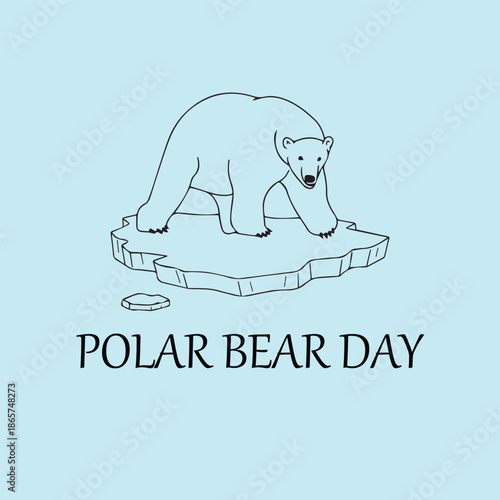   Line-drawn polar bear vector on floating ice with light blue background for Polar Bear Day awareness