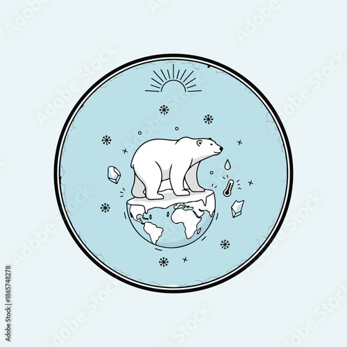 Polar bear on melting ice over globe with sun and water droplets for climate change awareness illustration