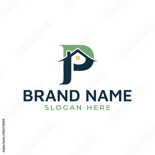 Modern house logo with green leaf and brand name template
