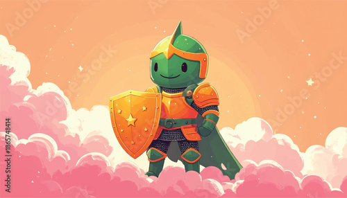 Cartoon Turtle Knight Standing Proudly in the Clouds.