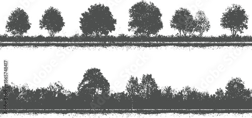 Two rows of stylized dark grey trees and foliage silhouettes against a white background nature