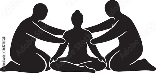 Silhouette of people meditating together in harmony and balance
