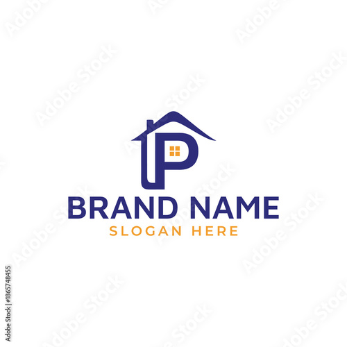 Modern house logo with letter P and brand name placeholder