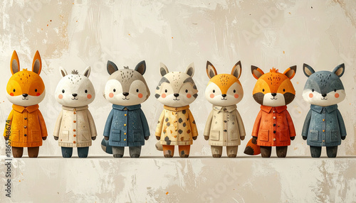 Modern minimal children art featuring repeating row of quirky animal mascots with geometric shapes, each animal wearing colorful coats, evoking playful and cheerful mood