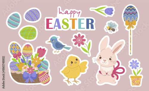 Adorable vector illustration collection of stickers featuring Easter elements like a bunny, chick, floral decorations, and colorful eggs. Perfect for festive designs and springtime celebrations.