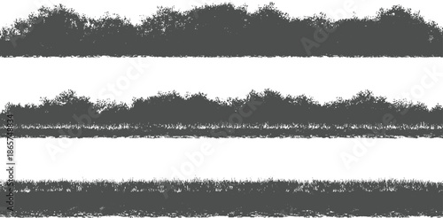 Three horizontal bands of dark grey textured foliage and grass silhouettes on white background