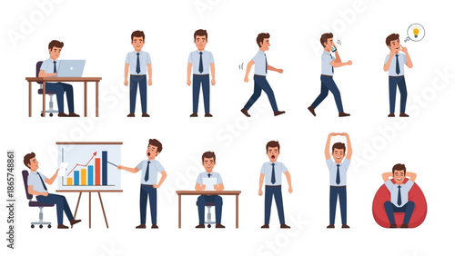 Professional Male Businessman Character Set in Various Office Poses and Actions Including Working on Laptop, Presenting Data, Walking, and Relaxing on Beanbag.