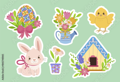 Festive set of stickers vector illustration featuring Easter elements including decorated eggs, a cute bunny, colorful flowers, and cheerful animals, capturing the joy of the holiday season.