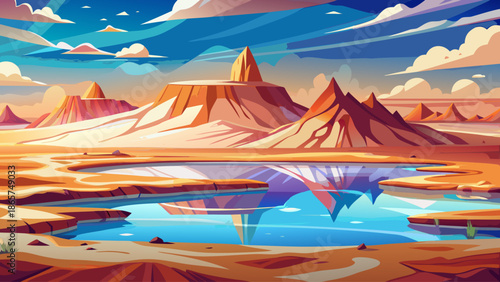 Desert landscape with salt flats reflecting the sky