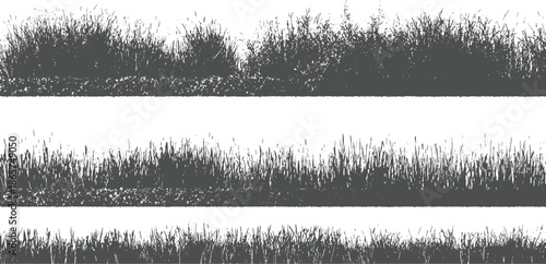 Three horizontal bands of dark grey grass silhouettes against white background