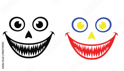 Two cartoon monster faces with sharp teeth and big smiles in silhouette mode